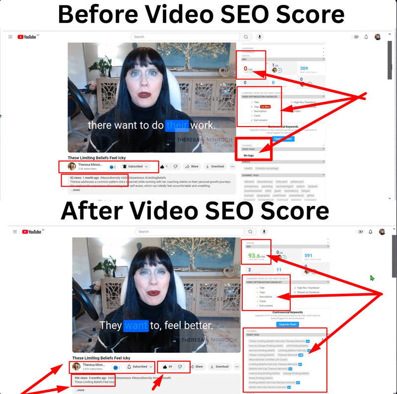 Video SEO Score 0 → 93.6 — 82 to 906 Views — YouTube SEO result screenshot