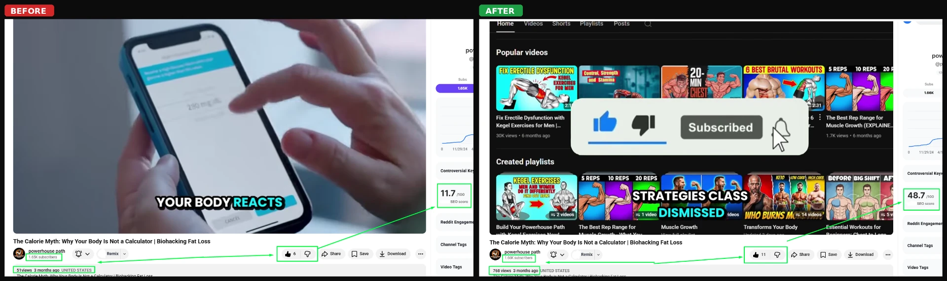 Health Channel — SEO Score 11.7 → 48.7 — YouTube SEO result screenshot