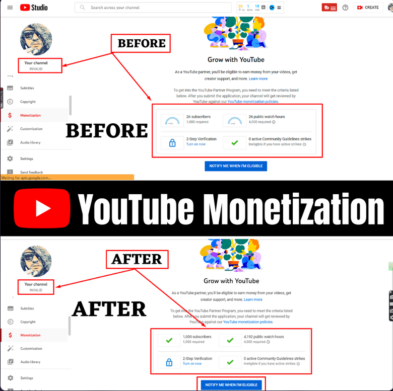 Monetization — 26 Subs → 1,000 Subs & 4,192 Watch Hours — YouTube Monetization result screenshot