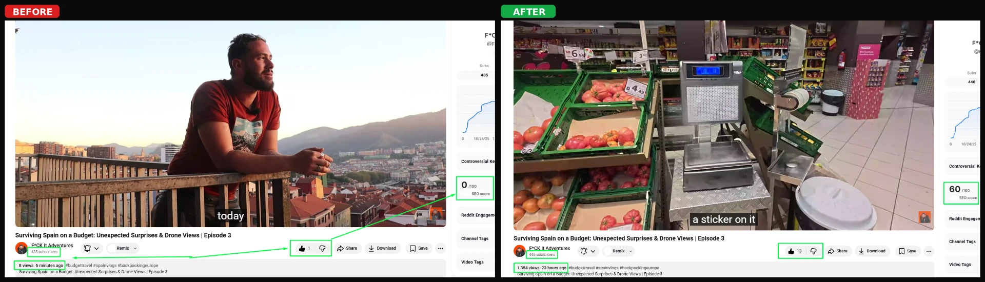 Travel Vlog — SEO Score 0 → 60 — YouTube SEO result screenshot