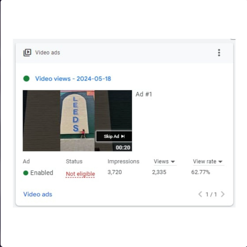 Video Ads Campaign — 62.77% View Rate — Google Ads result screenshot