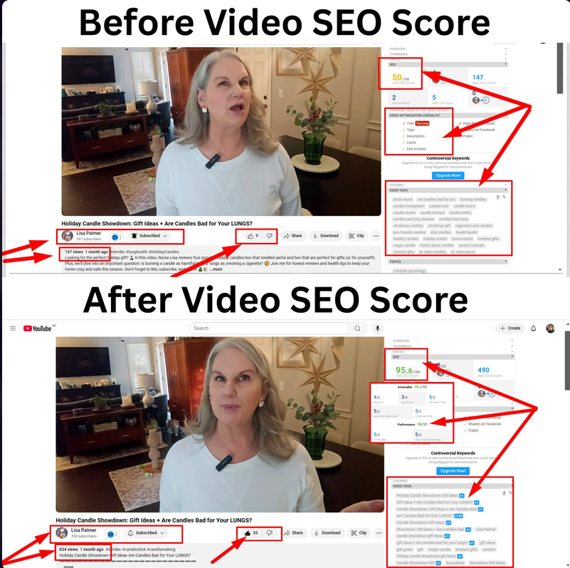 Video SEO Score 50 → 95.6 — 157 to 834 Views — YouTube SEO result screenshot
