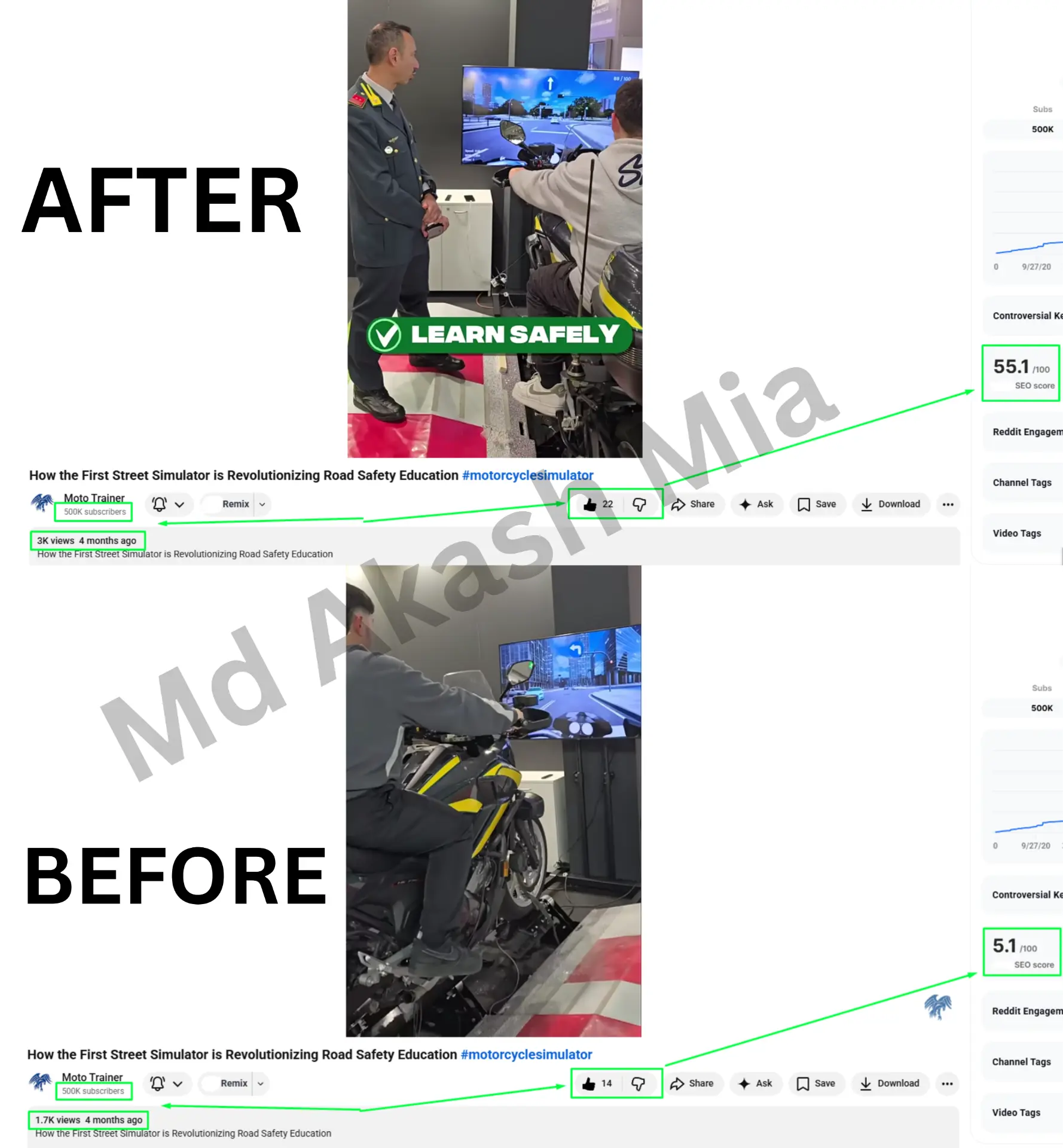 Road Safety Video — SEO Score 5.1 → 55.1 — YouTube SEO result screenshot