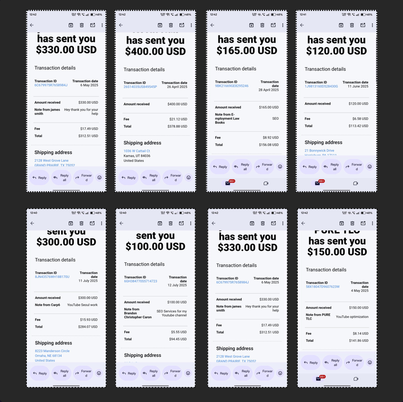 PayPal payment receipts from clients for YouTube video SEO and marketing services