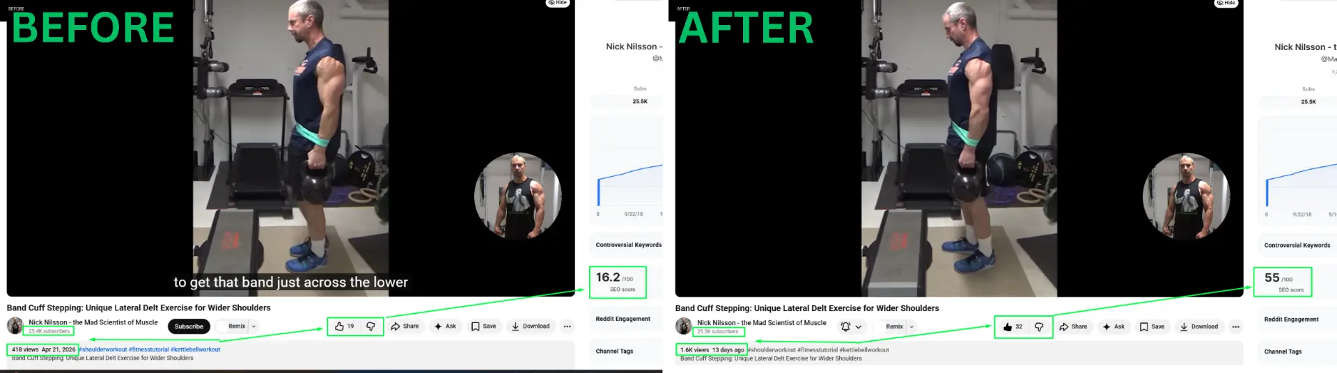 Fitness Channel — SEO Score 16.2 → 55 — YouTube SEO result screenshot