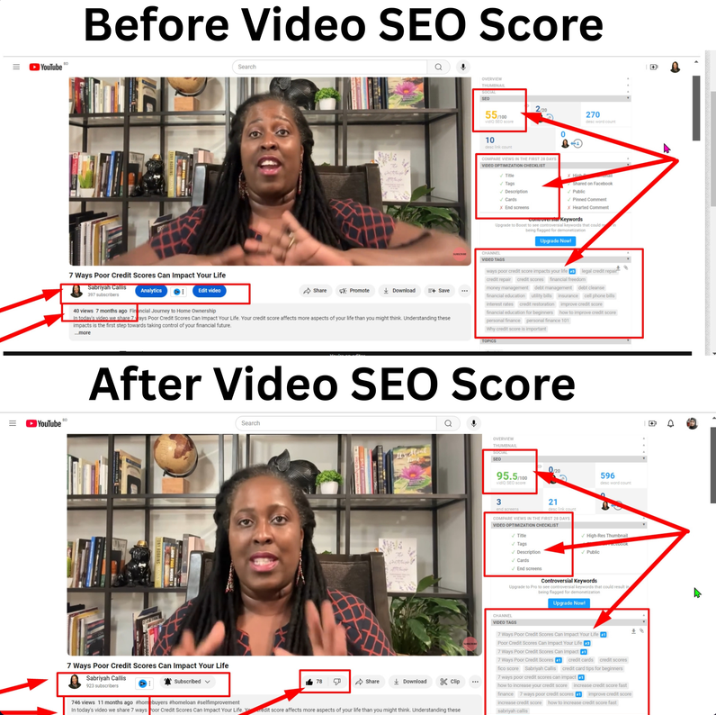 Video SEO Score 55 → 95.5 — 40 to 746 Views — YouTube SEO result screenshot